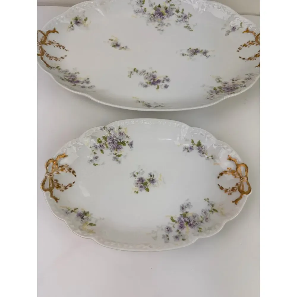 2 LIMOGES Antique CH Field Haviland Purple Flower Gold Accent Scalloped Platters